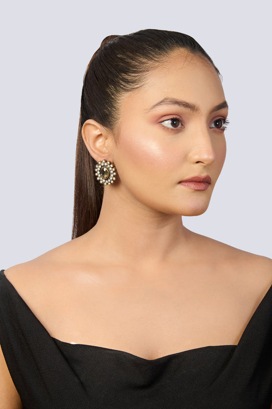 Oxidized Silver & Brown Stone Stud Earrings with Pearl Halo