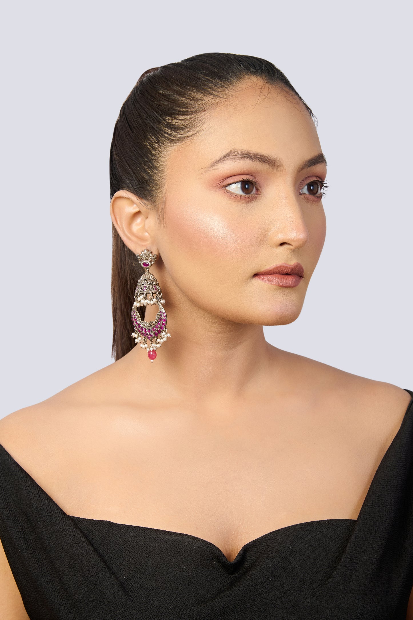 Luxury Beaded Oxidized Silver & Ruby/Pink Kundan Earrings