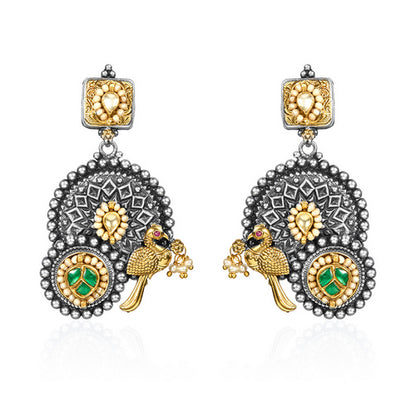 Oxidized Silver & Gold Tone Parrot Dangle Earrings with Green Stone and Pearl Drops