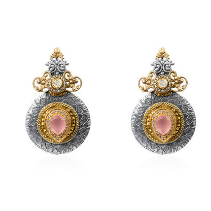 Dual-Tone Oxidized Silver and Gold Pink Stone Earrings