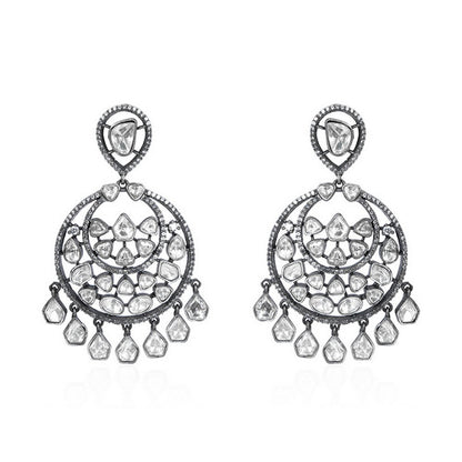 Oxidized Silver Uncut Polki & Rose Cut Diamond Chandbali Earrings