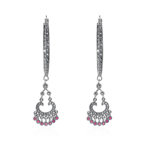 Oxidized Silver Dangle Earrings with Elongated Hoop and Pink Gemstone Drops
