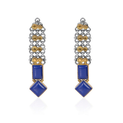 Dual-Tone Oxidized Silver & Gold Link Dangle Earrings with Blue Stones