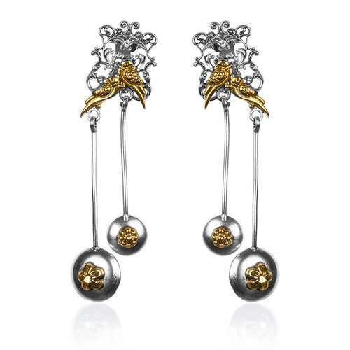 Oxidized Silver & Gold-Tone Parrot Drop Earrings with Floral Orbs