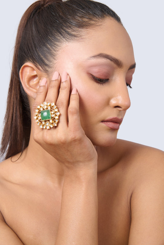 Gold-Toned Adjustable Kundan Ring with Square Emerald and Polki Diamonds