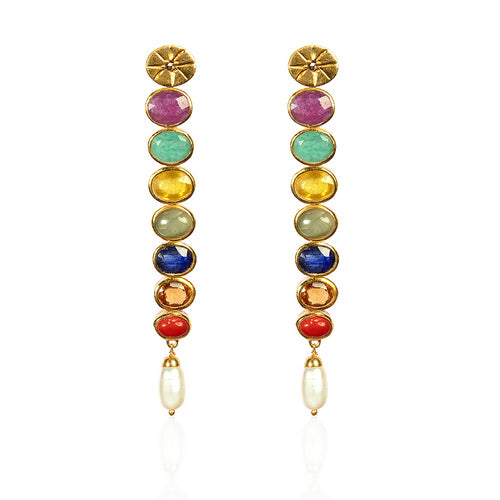Navratna Gemstone Dangle Earrings with Pearl Drop