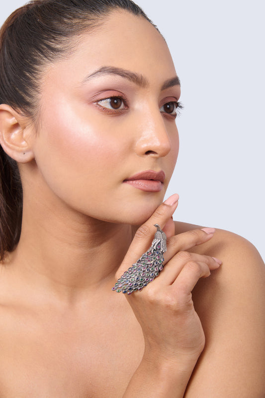 Women's Statement Oxidized Silver Ring in Peacock Design with Ruby, Sapphire, Emerald, and CZ