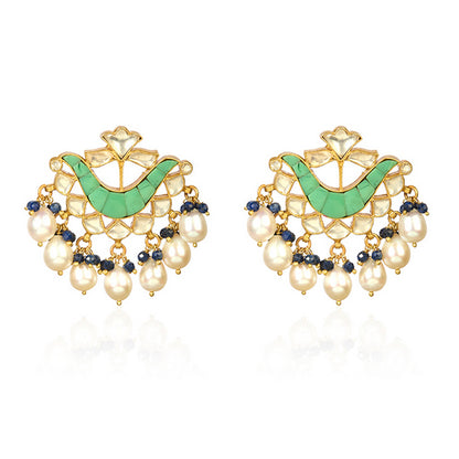 Green & Yellow Meenakari Ethnic Drop Earrings with Pearl & Blue Bead Drops
