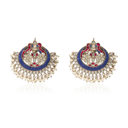 Oxidized Silver Pearl Drop Chandbali with White Stones