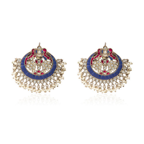 Oxidized Silver Pearl Drop Chandbali with White Stones