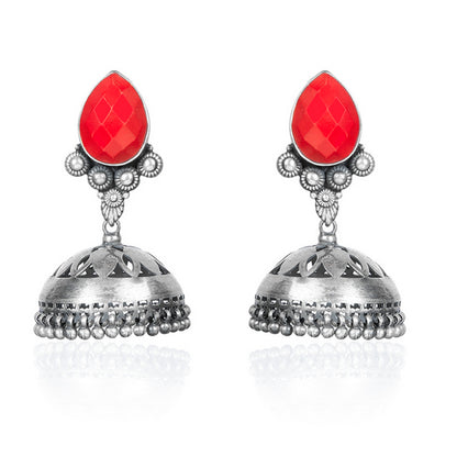 Traditional Red Teardrop Jhumkas with Oxidized Silver Detailing
