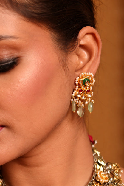 925 Silver Gold Plated Kundan & Mint Green Bead Earrings