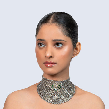 Intricate Green Detail Choker 925 Oxidised Necklace