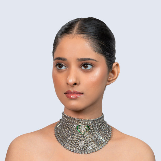 Intricate Green Detail Choker 925 Oxidised Necklace