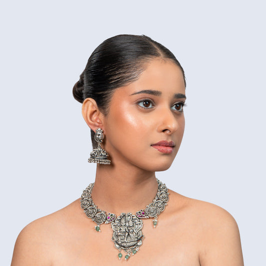 925 Silver Temple Jhumka Necklace Set