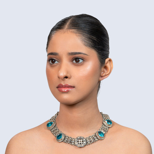 Blue Stone Floral 925 silver Choker Necklace