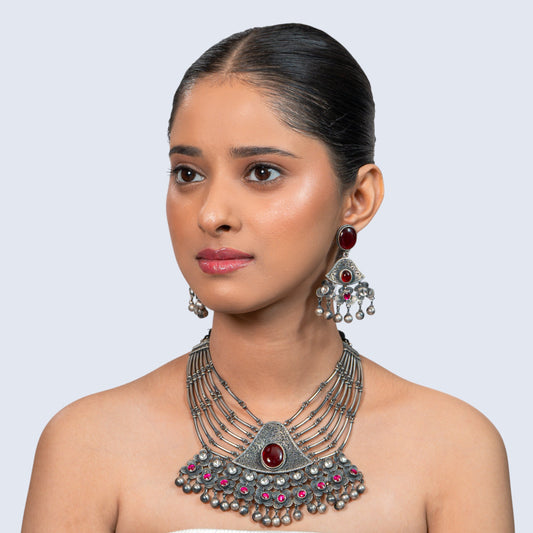 Ruby Filigree Bib 925 silver Tribal Necklace Set