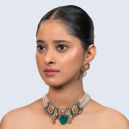 Regal Emerald Choker 925 silver Kundan Necklace Set