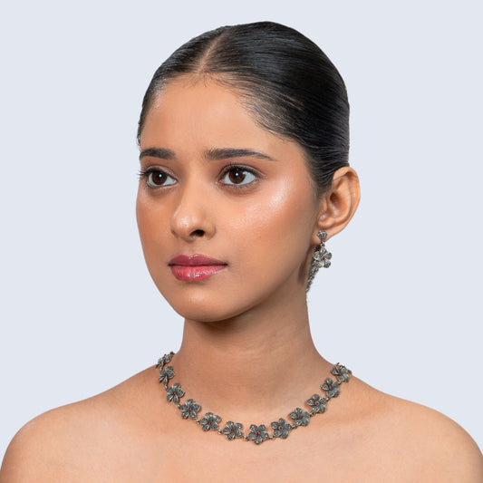 Marcasite Blossom 925 silver Floral Choker Necklace