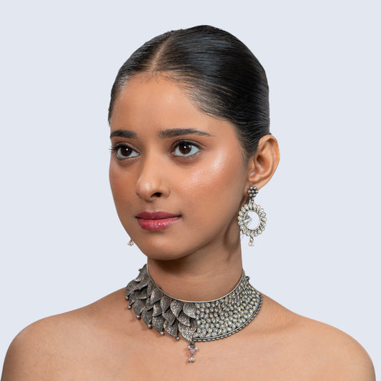 Peacock Leaf Choker 925 silver Engraved Necklace Set