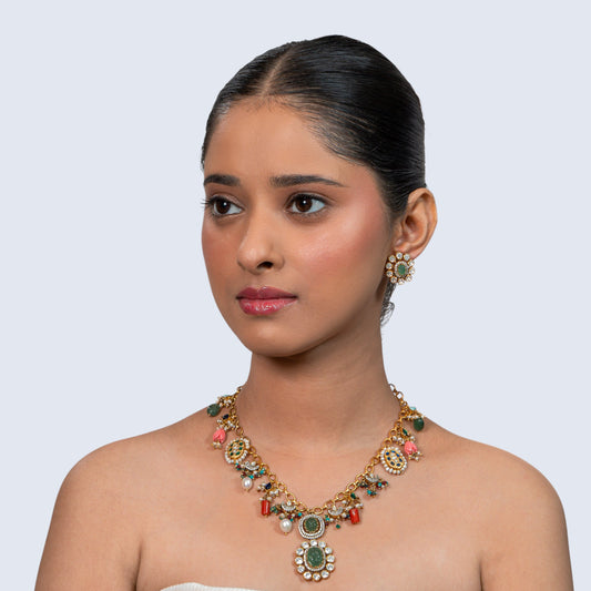 Navratna Carved 925 silver Gold-Plated Necklace Set