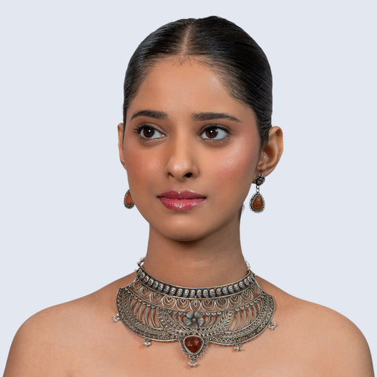 Carnelian Filigree Collar 925 silver Floral Necklace