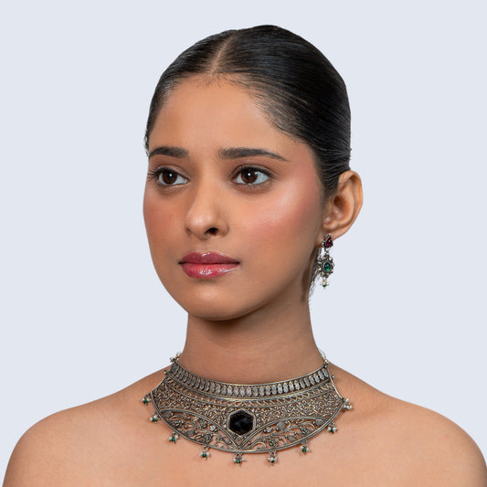 Black Spinel Floral 925 silver Filigree Choker Set