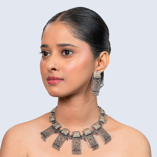 Dual Tone Pichwai 925 silver Temple Choker Set