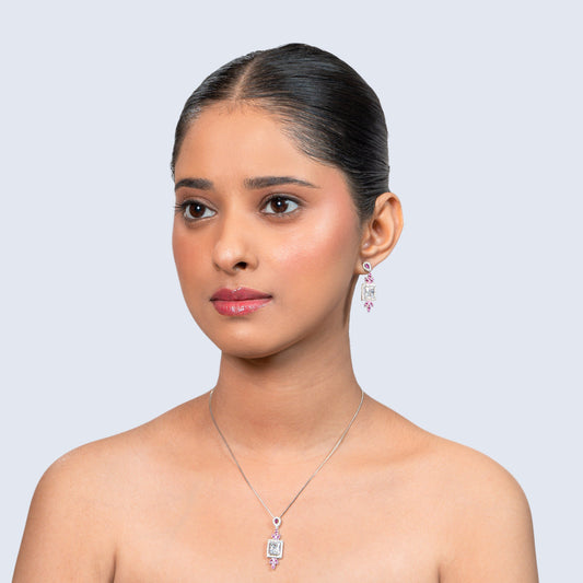 Ruby CZ Drop 925 silver Minimal Necklace Set