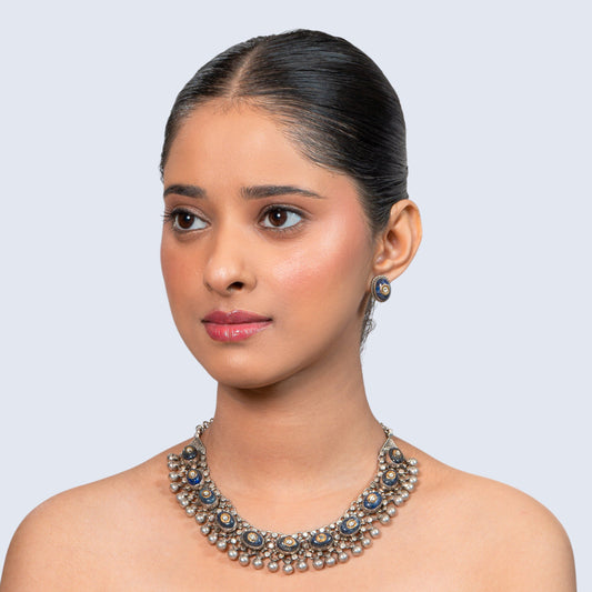 Blue Kundan 925 silver Traditional Coin Necklace Set