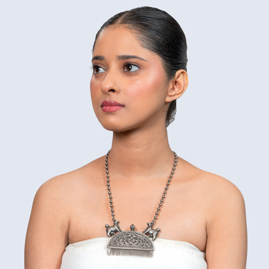 Tribal Oxidised Amulet 925 silver Long Necklace