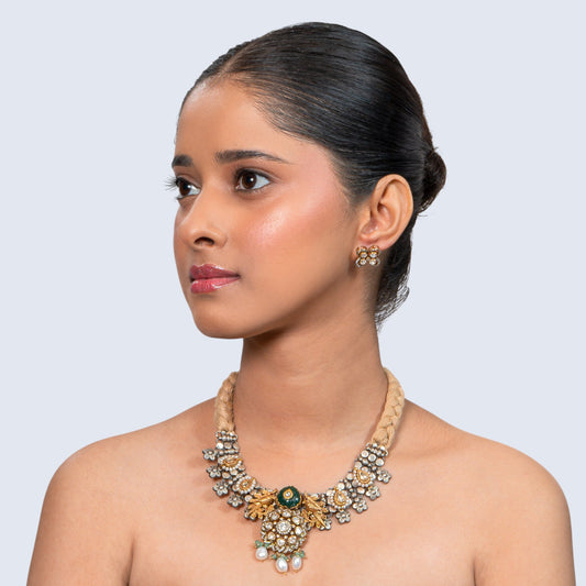 Peacock Kundan 925 silver Dual Tone Floral Necklace Set