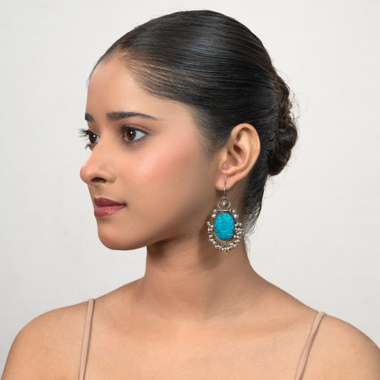 Turquoise Engraved 925 silver Dangler Earrings