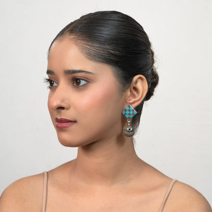 Square Motif 925 silver Tribal Drop Earrings