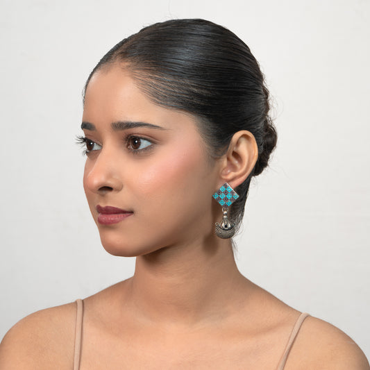 Square Motif 925 silver Tribal Drop Earrings