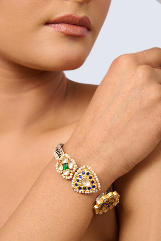 Braided Silver and Gold Open Cuff with Kundan Heart and Floral Gemstones