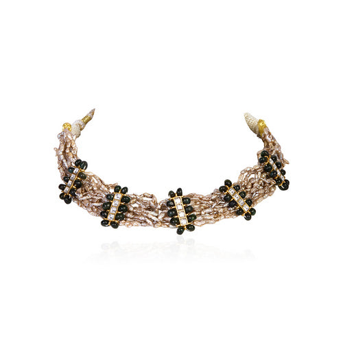 Seed Pearl Choker with Black Onyx and White Gem Accents