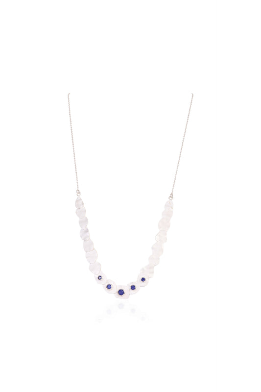 Delicate Silver Necklace with Shell Leaf Shapes and Round Blue Topaz Stones