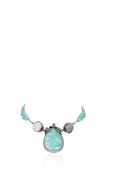 Silver Tone Necklace with Teardrop Amazonite Pendant, Carved Blue-Green Elements, and Moonstones