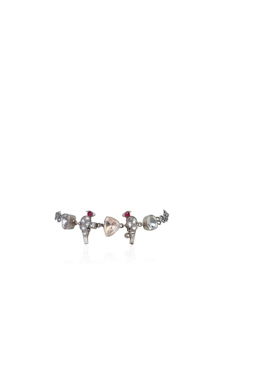 Silver Tone Bird Choker with White, Pink, Peach Gemstones