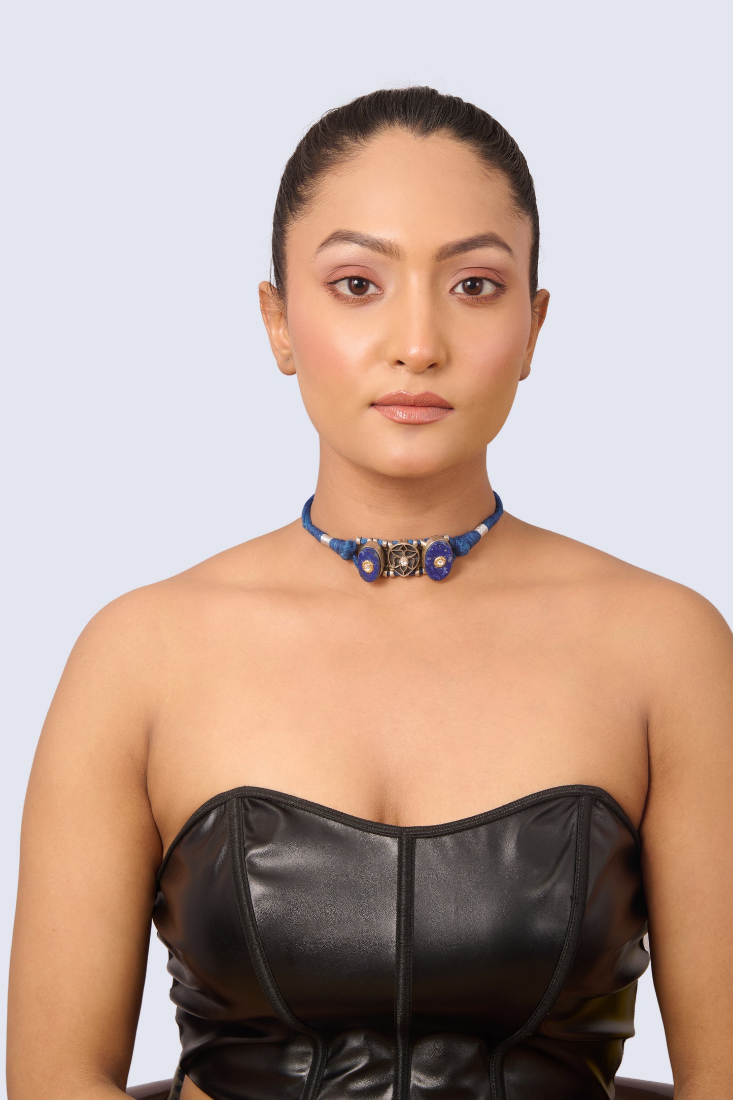 Unique Silver Choker with Lapis Lazuli Ends, Geometric Detail, and Colorful Gemstones on Blue Thread