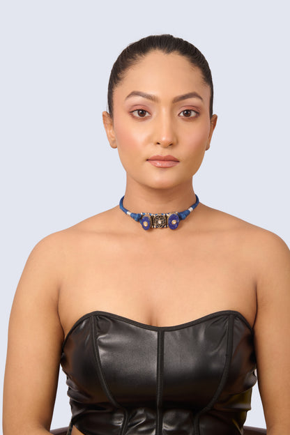 Unique Silver Choker with Lapis Lazuli Ends, Geometric Detail, and Colorful Gemstones on Blue Thread