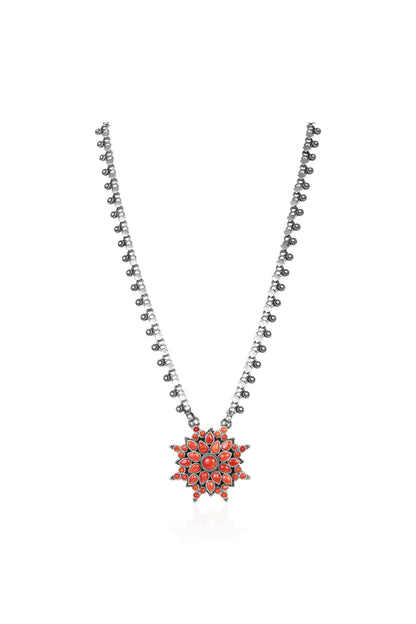 Striking Silver Necklace with Orange-Red Gemstone Flower
