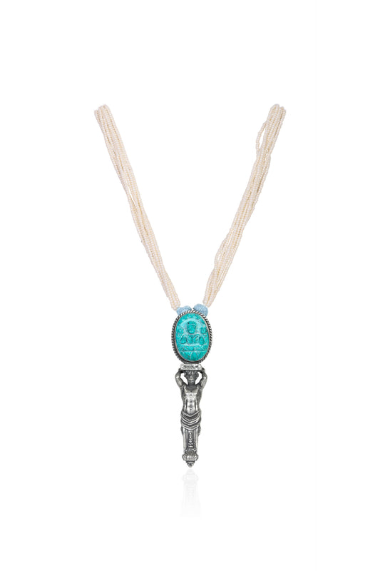 Silver Tone Necklace with Carved Turquoise Pendant, Pearl Strands, and Light Blue Gem Accents