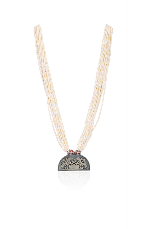 Delicate Silver Necklace with Oxidized Fan Pendant, Bird Motifs, and Pearl Strands