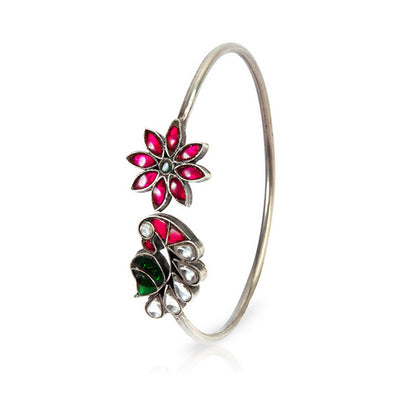 Unique Silver Tone Bangle with Ruby, Emerald, and White Gem Details