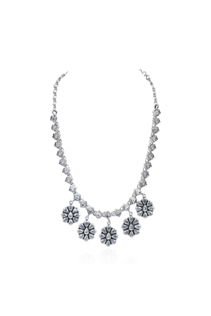 Delicate Silver Necklace with Square Link Chain and Dangling White Crystal Flower Charms