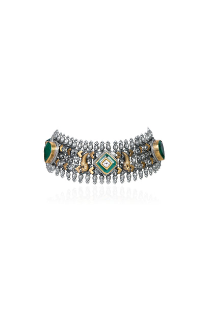 Traditional Silver and Gold Choker with Emerald Ends, Peacock Design, and White Crystal Highlights