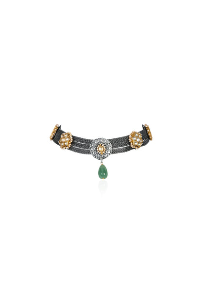 Silver and Gold Tone Choker with Emerald Drop and Pearl Accented Rosettes