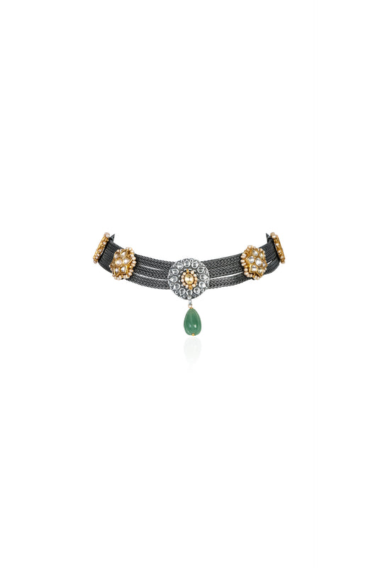 Silver and Gold Tone Choker with Emerald Drop and Pearl Accented Rosettes